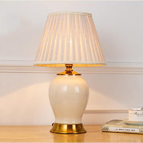 Mengjay Nachttischlampe Keramik Tischlampe,Schlafzimmer Tischleuchte,mit Stoff Schirm Keramik Lampenfuß ，E27 -Fassung（ohne Leuchtmittel），für Wohnzimmer Schlafzimmer Büro Hotel (White)