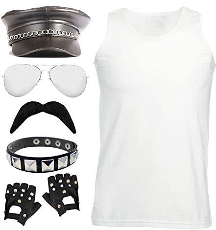 Adults 80s Rockstar Costume - Medium - White Vest, Biker Hat, Sunglasses, Black & Silver Armband, Fingerless Gloves, Fake Moustache - Adults Eighties Fancy Dress Costume
