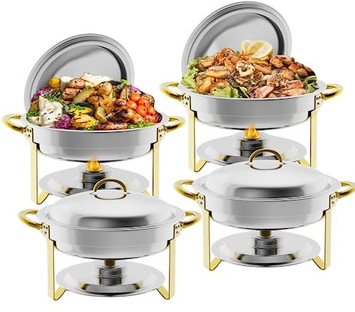 Halamine Chafing Dish Buffet-Set, 4 Stück, runde Chafers und Buffet-Wärmer-Sets, Roll-Top-Chafer für Catering, Speisenwärmer mit goldenen Akzenten, Buffet-Chafer-Set für Hochzeit, Party, Bankett,