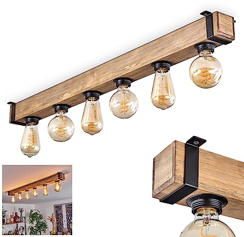 HOFSTEIN Deckenleuchte Montgomery, 6-flammige Deckenlampe aus Holz/Metall in Natur/Schwarz, Leuchte im Industrial/Retro/Vintage-Design mit Holzbalken, E27, Esszimmer, Küche, Wohnzimmer, Schlafzimmer