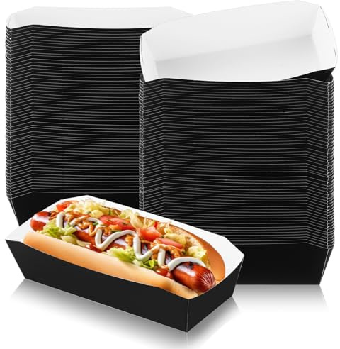 Yeaqee 100 Pcs 7 Paper Hot Dog Trays Disposable Paper Food Nacho Boats Hot Dog Holders Food Plates Disposable Serving Trays for Carnivals, Parties, Dinner, Cookouts(Black)
