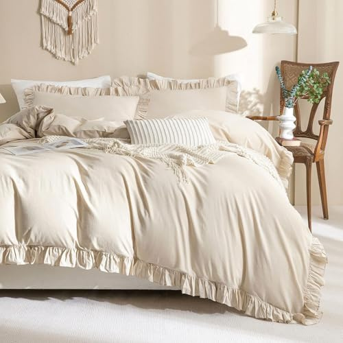 AShanlan Bettwäsche Rüschen 155x220 Beige Romantisch Bettwäsche-Sets 2tlg | Bettbezug 155x220 mit Kissenbezug 80x80 cm, 100% Weich Mikrofaser, ÖKO-TEX, Reißverschluss