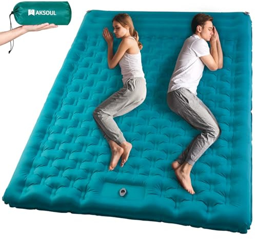 AKSOUL Matelas de couchage double auto-gonflant pour le camping : matelas gonflable ultra large et épais pour 2 personnes – lit portable léger avec pompe à pied intégrée pour le camping, la randonnée