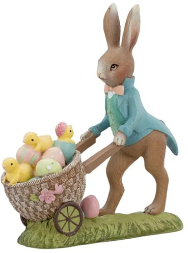 kleine Deko Hasen Figur Kunststein - stehende Osterdeko Hasen Mama bunt gekleidet mit Schubkarren und Küken - Polyresin Osterhasen Frühjahresdeko zum hinstellen