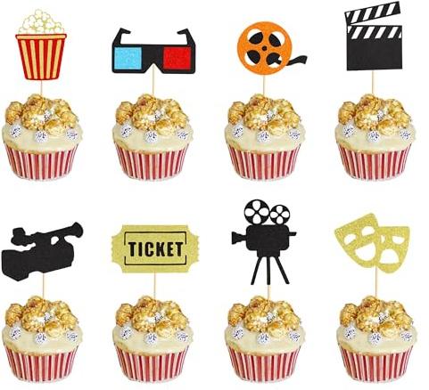 Arthsdite Cupcake-Topper mit Filmabend, Filmabend, mit Kamera, Popcorn-Cupcake-Picks für Hollywood-Thema, Babyparty, Kindergeburtstag, Party, Kuchendekoration, Zubehör, 24 Stück