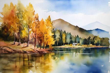 adrium Acryl-Bild 60 x 40 cm: Herbstlandschaft mit See und Wald. Digitale Aquarellmalerei. (206097088)