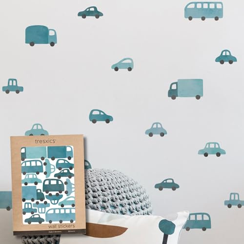 TRESXICS Dekorative Wandaufkleber für Kinder, Autos und Lastwagen, 32 Stück, Vinyl, originell und langlebig, Tapeteneffekt für Kinder, einfach anzubringen und abnehmbar (blau)