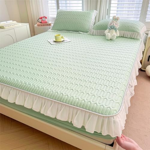 FOREPOTY atmungsaktiv Spannbetttuch,Spannbettlaken aus Latex mit Cartoon Aufdruck für Kinderzimmer, einfarbig, rutschfeste Rüschen, voller Queen Matratzenschutz, hellgrün, 150 x 200 cm (3 Stück)