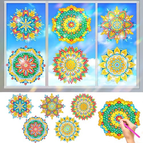 CAYUDEN Diamond Painting Erwachsene, 6pcs Mandala Diamond Malerei Aufkleber Kit DIY Buntglas-Fensteraufkleber Selbstklebend Suncatcher Sticker Fensterfolie Bling Strass Kunsthandwerk für Dekoration