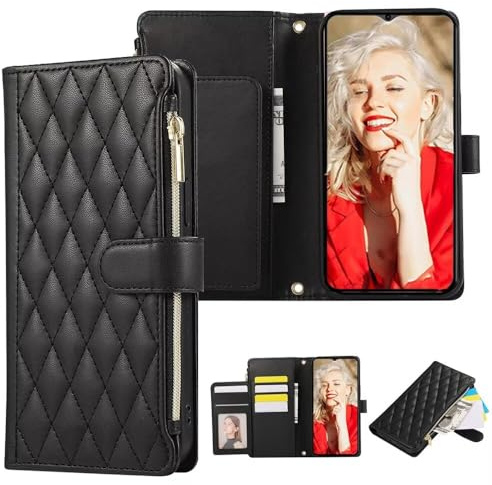 SEHEYA for Samsung Galaxy S20 FE Wallet Phone Case Large Capacity Premium PU Leather Zip Pocket Ladies Purse Wrist Strap Magnetic Small Clutch Cellphone Handbag, Black