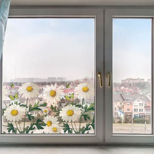 GORGECRAFT 38x116cm Daisy Flower Window Sticker Large White Floral Butterfly Spring Static Glass Window Clings Film Reusable Double Sided Decal for Prevent Birds Strikes Home Room Sliding Glass Door