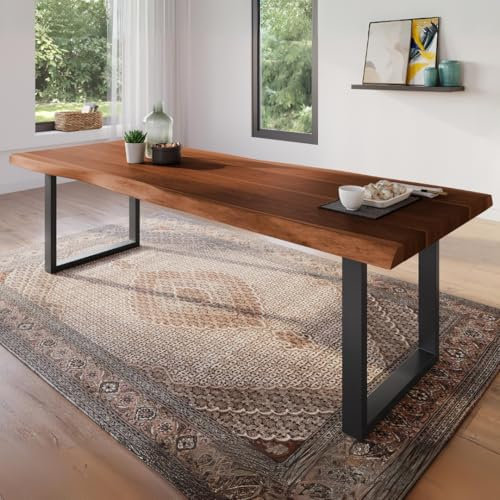 trelevo Esszimmertisch 300x100 cm, Akazienholz massiv, Tischplatte nussbaumfarben, echte Baumkante, U-Gestell schwarz, Baumkantentisch