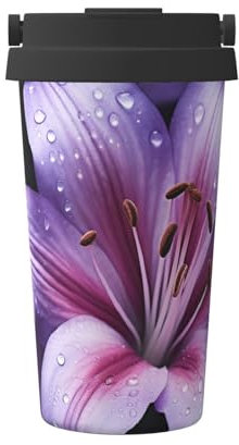 GHBNK Lila Lilie Blumen Reise-Kaffeebecher Edelstahl Isolierter Kaffeebecher Doppelwandige Reise-Kaffeetasse Wiederverwendbarer isolierter Becher mit Deckel für Eis- und Heißgetränke