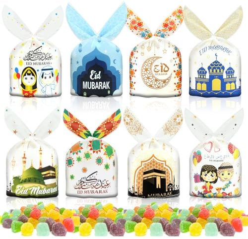 AhfuLife 80 Stück Eid Mubarak Süßigkeit Tüten, Eid Mubarak Geschenkbeutel Geschenktüten, Aid Mubarak Dekoration, Aid Hasenohren Tüten für Ramadan Mubarak Partytüten Geschenkverpackung Deko