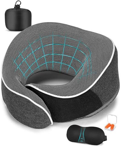 Acacomft Nackenkissen Flugzeug, Nackenhörnchen Erwachsene Memory Foam Nackenkissen, Verstellbares & Kompaktes Flugzeugkissen, Auto mit Ohrstöpseln, Schlafmaske, Tragebeutel