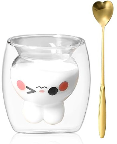 Xiuyer Gläser Doppelwandige Kaffeegläser, Doppelwandige Latte Macchiato Gläser Mit Löffeln Glasbecher Cocktailgläser Wein Tasse Schnapsgläser für Whisky Wodka Absinth 280ml(Kaninchen)