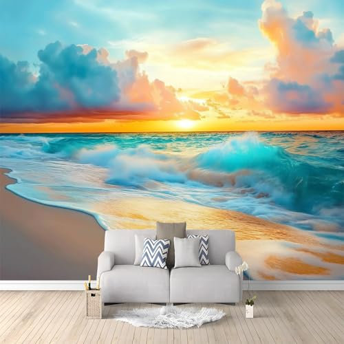 Murales 3D Fotografía Puesta De Sol Playa 250 x 175 cm Fotomurale Papel Pintado no Tejido, Papel Tapiz Fotográfico, Mural de Decoración de Pared para Salon, Dormitorio, Oficina