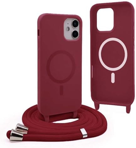 YFSYLL Handykette Hülle für iPhone 12 Mini mit Band,Magnetische Silikon Handyhülle Kompatibel mit MagSafe,Handyhülle für zum Umhängen Einstellbar und Abnehmbar - Rot