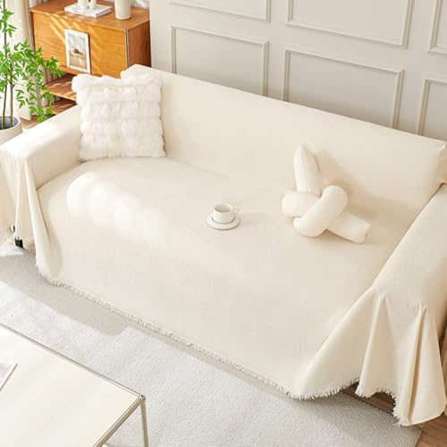 Sofa Überzug, Chenille Sofabezug 2/3/4 Sitzer, Anti Rutsch-Couch, Sofabezug L Form, Chenille Sofaüberwurf, Couch Überwurf mit Deko Quasten, für Haustiere Kinder Hund Katze Kratzer, 180 * 300cm (Weiß)
