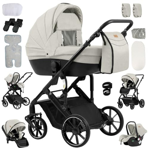 4 in 1 Pram,Pushchair with Thick Padding for Warmer Sleep,Travel Stroller with Adjustable Height Push Handle,Baby Buggy Aluminium Frame(Yellowish)