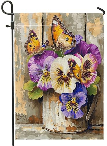 Bandera de Jardín Pensamiento de primavera Flores de granja Mariposa de madera Personalizada Banderines Pancarta Reforzada Flag para Piratas Exterior 30x45cm