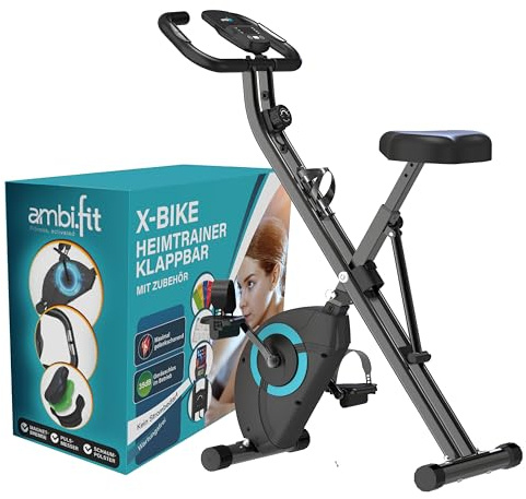 Heimtrainer Fahrrad mit Magnetbremse klappbar [16 Widerstandsstufen] Ergometer Heimtrainer Pulssensoren & LCD-Display | Crosstrainer für Zuhause | Hometrainer Fahrrad Fitnessbikes - Ambifit X-Bike