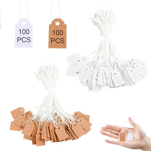 200 Stück preisschilder, geschenkanhänger kraftpapier, preisschilder anhänger - 25mm*15mm - Zur Präsentation von Brillen, Kleidung, Schmuck und Geschenken - Weiß und Braun