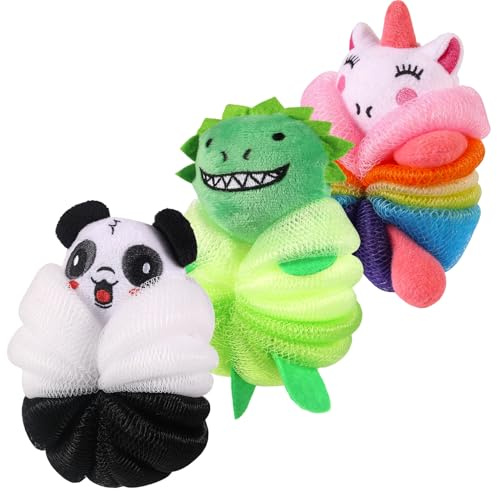 PHOGARY Lot de 3 éponges de bain en maille pour enfants, éponge de bain en forme d'animal de dessin animé, luffa, exfoliant pour le corps des enfants