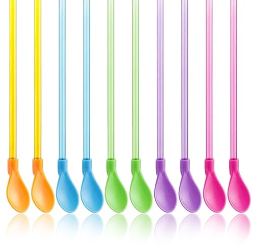 BDEPSTR 10 Pcs Paille Granité avec Cuillère - Paille Réutilisable 2 en 1 pour Smoothies, Milkshakes et Cocktails - Paille Plastique Longue 23,6cm, 5 Couleurs pour Fêtes et Quotidien
