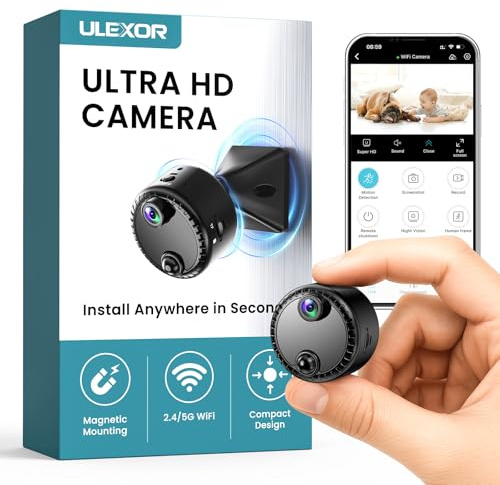 ULEXOR 4K Mini Indoor Security Camera with Magnetic Mount, 2.4/5 GHz Wi-Fi, AI Human Detection, Night Vision, Rechargeable Battery, Free Cloud Storage, microSD Compatible