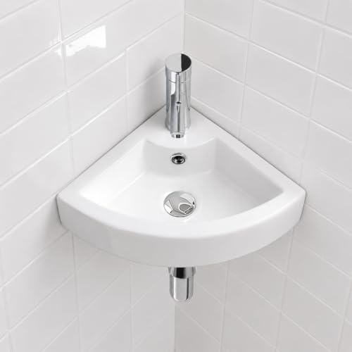 BELOFAY Wall-Mounted Bathroom Sink – 13.5x43.5x32cm White Ceramic Corner Sink with Scratch-Resistant Gloss Surface – Small Basin with Tap, Waste and Chrome Bottle Trap