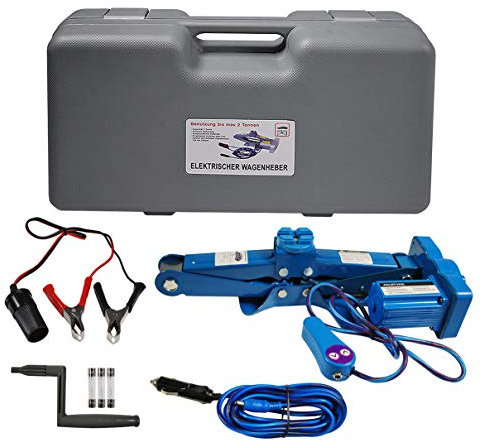 HELO '176086' Elektrischer 2 Tonnen Scherenwagenheber mit einem 12 V Anschluss und Kabelfernbedienung, Scherenlift mit Einer Hubhöhe von 12-35 cm, inkl. Tragekoffer und Zubehör