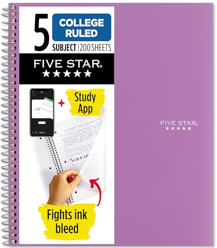 Five Star Spiral Notebook + Study App, 5 Subject, College Ruled Paper, 8-1/2 x 11, 200 Sheets, Fights Ink Bleed, Water Resistant Cover, Amethyst Purple (38748)