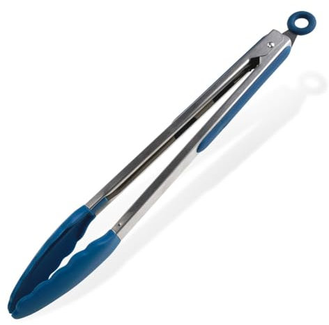 Tasty Küchenzange » Edelstahl & TPE Griff, Silikon-Funktionsteil, 34,5x4,5cm - Ideal für Fleisch, Gemüse & Mehr in Blau/Silber