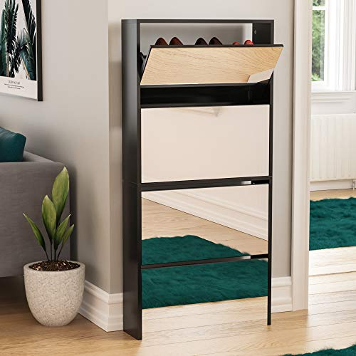 Vida Designs Welham Armoire à Chaussures à 4 tiroirs avec Miroir, Meuble de Rangement pour Couloir, Meuble de Rangement pour Chaussures, Buffet en Bois, Noir