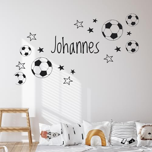 GRAZDesign Wandtattoo Fussball Name Kinderzimmer, Ball mit Namen Jugendzimmer, Wandsticker personalisierte Fussball Geschenke Jungen für Jungs - 100x57cm / Schwarz