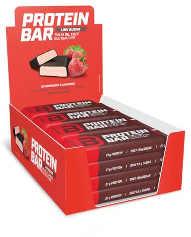 BioTechUSA Protein Bar avec une teneur élevée en protéines, sans sucre ajouté, avec des protéines de lactosérum et du collagène, 16 * 70 g, Fraise