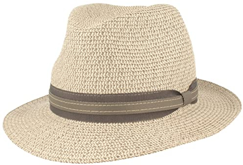 Breiter Strohhut Bogarthut Sommerhut Sonnenhut aus 100% Papier knautschbar mit Garnitur Besonders Leicht, Flexibel, Hautfreundlich Bequem Grau Mel. Kunstlederband, XL