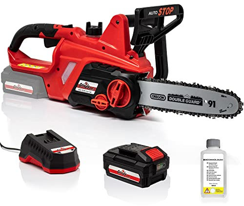 Grizzly Tools Akku Kettensäge mit Akku und Ladegerät | OREGON Schwert und Kette | Li-Ion 20V Akku - 25 cm Schnittlänge - robustes Metallgetriebe - autom. Kettenschmierung - Kettenschnellspannung