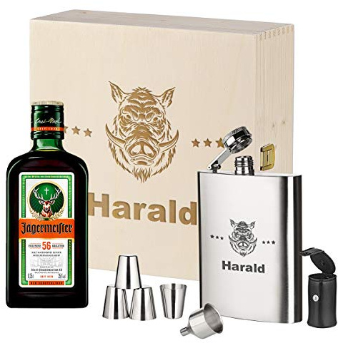 polar-effekt Geschenkset 3-TLG Flachmann, Holzkiste und Jägermeister personalisiert mit Wunschmotiv - Geschenk für Männer - hochwertige Geschenkidee - Motiv Wildschwein