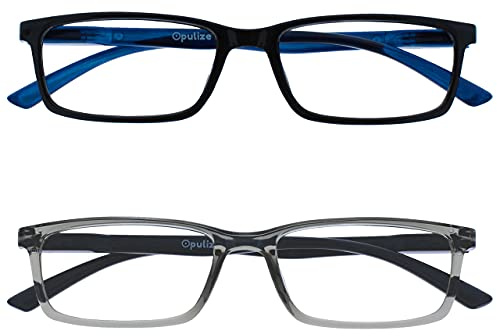 OPULIZE SEE Blaulichtfilter Lesebrille für Damen Herren, Blendfreie UV400-Schutz Federscharnier Anti-Müdigkeit, Rechteckiger Rahmen, Computerbrillen Gaming, 2er-Pack Schwarz Grau +0,00