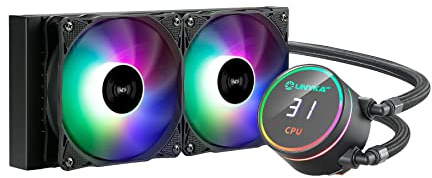UNYKAch Refrigeración Líquida CPU AQUASTORM Black 240 Bomba Silenciosa, Display para Controlar Temperatura de CPU y Dos Ventiladores RGB con Sensor PWM