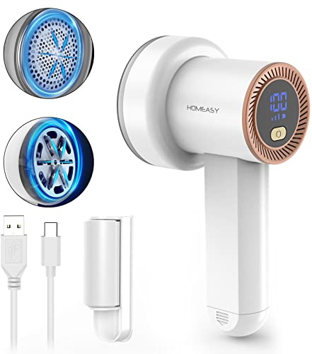 HOMEASY Fabric Shavers (White) | Electric sweater shaver and depiller with 70mm head, 6-leaf blades, LED battery display and Type-C charging for Furniture