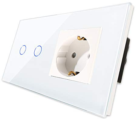 CNBINGO Touch Lichtschalter mit Schuko Steckdose unterputz zweifach Weiß | Wandschalter einfach in zweifach - Berührungsschalter mit Glasrahmen und Status-LED - 500W/Fach
