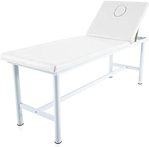 Quirumed Lettino da massaggio fisso in acciaio, similpelle, colore bianco, con tappo facciale, foro facciale, schienale regolabile, leggero, 186 x 62 x 69 cm, fino a 120 kg