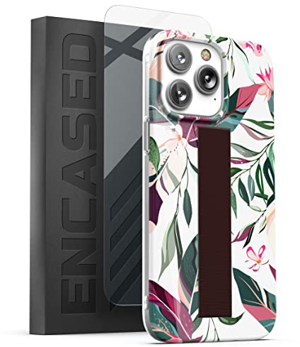 ENCASED Coque avec Boucle de Doigt conçue pour iPhone 14 Pro Max pour Femme avec dragonne (Protecteur d'écran Inclus) Motif Floral vignes