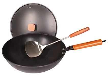 Culinary Basics Wok Pan Wok in acciaio al carbonio con coperchio fondo piatto con spatola grande induzione piano cottura elettrico padella antiaderente 33 cm