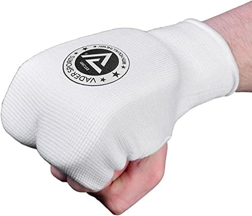 VADER Mitaines de karaté élastiques à enfiler pour arts martiaux, arts martiaux, MMA, kickboxing, sparring, punching karaté, gants de protection des mains rembourrées en gel Blanc (L)