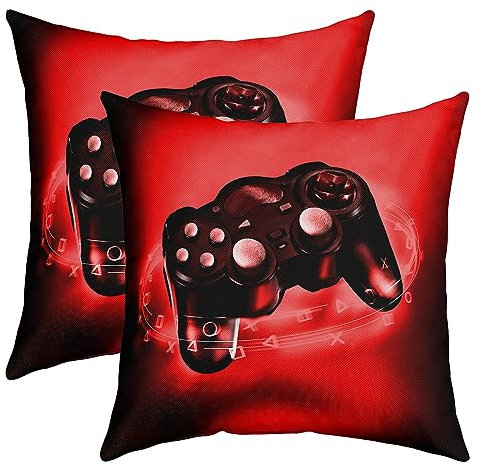 Loussiesd Gaming Decorative Throw Pillow Cover Soft Video Game Square Cushion Case Set for Sofa Living Room Red Black Game Controller Pillow Cases Pillowcases 24x24 Set of 1