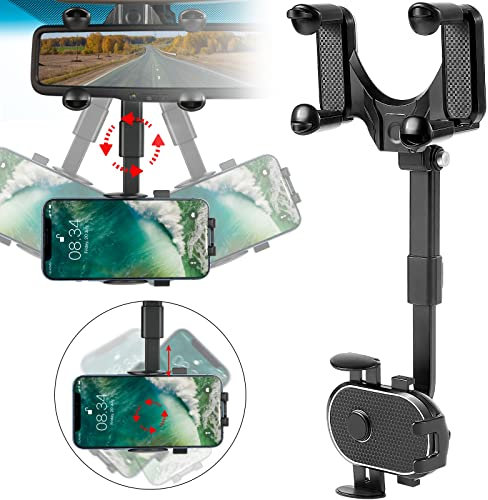 Teklemon Auto Rückspiegel Handyhalterung - Multifunktionale Drehbare Universal KFZ Telefonhalterung für iPhone Android